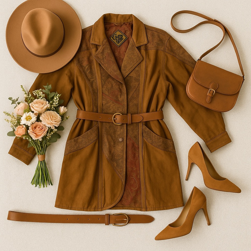 G III Vintage RARE 70s 100% Leather Tan Trench Coat Ornate Floral Detail